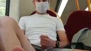 Jerk off with a face mask on the train