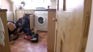 Mature slut blows her young studs hard dick in her kitchen