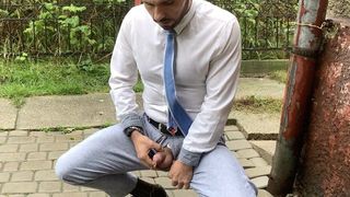 outdoor pissing in suit and tie