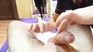 Waxing of cock with happy ending