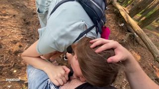 Amateur brunette gives sensual blowjob in the forest