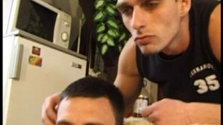 Two hard body hunks fuck on the kitchen sofa