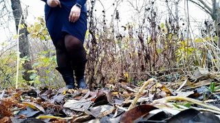 Plentiful hot piss stream from MILF pussy in dress and pantyhose outdoors
