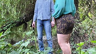 Fat girl masturbates in nature and gets cum from a big dick