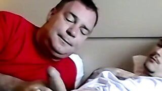 Fat mature homosexual receives cum in mouth after 3way BJ