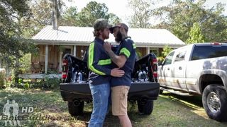 Redneck buds flip fuck after work on their truck