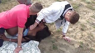 A threesome in the woods with a black slut