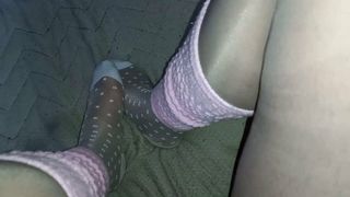 Sissy Boy Feet in Cute White Nylon Socks Over Nylons