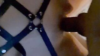 Blowjob, masturbation & fuck in leather harness. Amateur couple tries soft BDSM in homemade sextape fetish