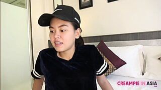 Thai girl trims beaver and gets creampied