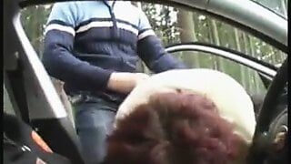 Redhead-BBW-Granny Outdoors in a Car by 2 Guys
