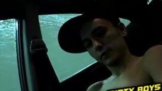 Cute amateur twink wanks his hard prick in the moving car