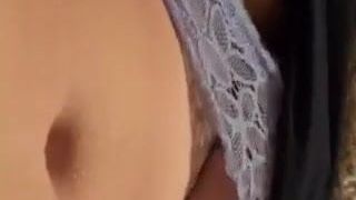 British student with pierced nipples touches herself