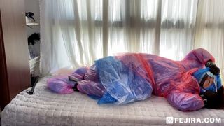 Fejira com Six-layer plastic raincoat with Zentai Rainwear Binding orgasm