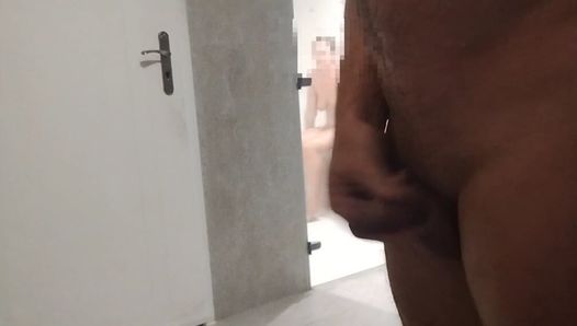 dickflash in the sauna shows the dick to the woman in the sauna she can't stand it anymore and plays with the dick