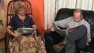 Granny Effie fucked with a TV repairman in the ass and pussy