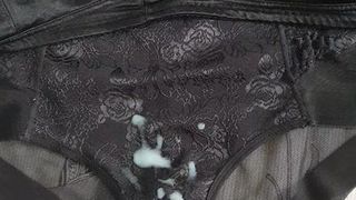 Crossdresser cumming on mother-in-law's black panties