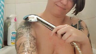 Morning shower show Soapy big natural tits Breast massage in bathtub