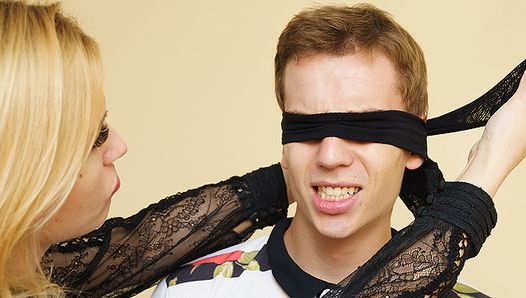 Step Mom teaches blindfolded stepson anal fetish