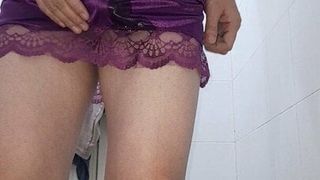 Piss and Cum with Sexy Purple Satin Lingerie