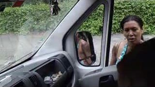 Dude wank at T-girls on car