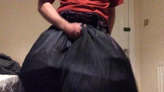 Wank jerk off in long silky skirt with hoop nice cumshot