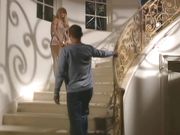 Blond bombshell fuck on stairs and get facial
