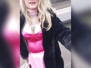 sissy in public in very sexy pink outfit shows her ass