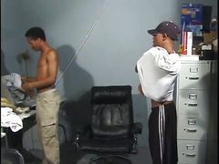 Young black male takes thick black cock up his ass in office