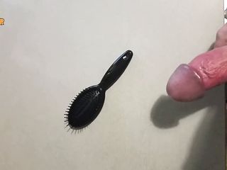 Jerking Off On A Small Hairbrush, Cumshot With A Lot Of Cum From A Big Cock By An Handjob