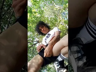 Adidas twink boy walking freeballing, wanking, cumming, pissing in public park