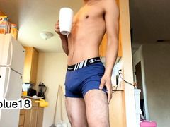 Young man with a big hairy cock is hot in the morning