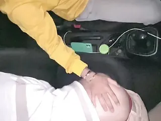 Cruising married uber driver fucks young teen twink's mouth and cums in his mouth and swallows cum in the car in public