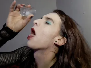Trans Girl Sucks And Fucks Big Toy Before Drinking Own Cum