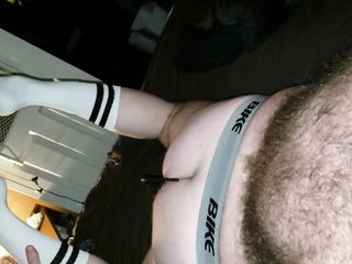 Hairy pup wearing just jockstrap and...