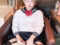 Asian sissy slut in Japanese school cosplay uniform