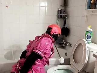 Sissy maid cleaning toilet with new...