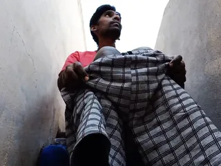 Rajesh masturbating dick on the stairs and Cumming in glass