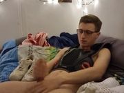 Young teen jerks off his cock and squirts on the sneaker