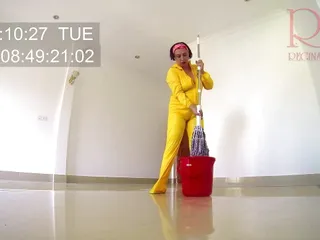 Naked maid cleans office space. Maid without panties. Hall 1