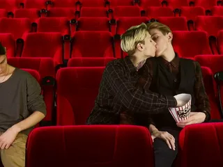 Cinema hall. Group Sex. 3some 2 tops 1 bottom