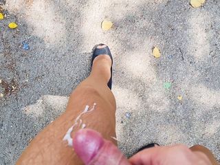 Another outdoor cumshot and high heels...