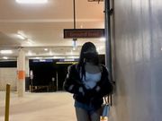 Night walk at train station and parking lot with fishnet stocking