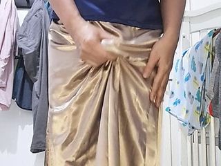 Cum Wearing Long Satin Skirt And Blouse
