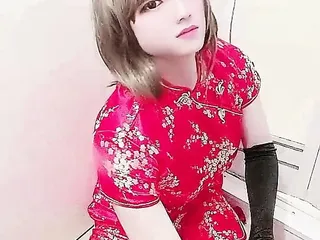 Japanese Crossdresser Miya Masturbates With Chinese Red Dress 8