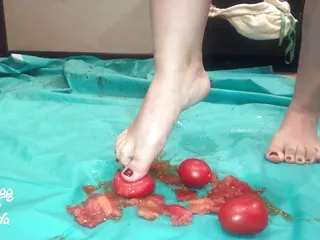 Barefoot Food Crushing, Smashing Tomatoes And Crispy Cake With My Soles