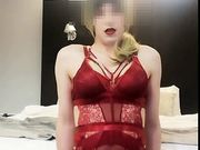 Hot Blonde Crossdresser Fucks Her Dildo
