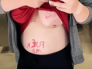 Sexy Chubby BBW Flashes her Bound Nipples With Body Writing in Public Restroom!