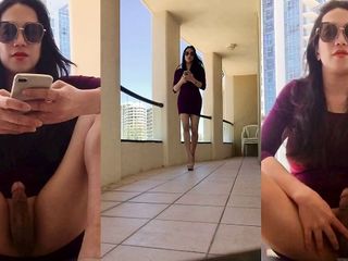 \ asian shemale ramp in hotel balcony showing her cock\