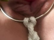 Pumped clothed pinned pussy pours cum